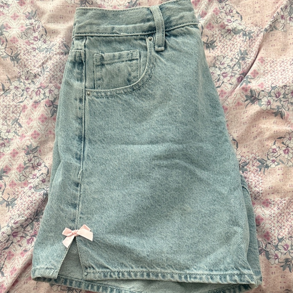 Denim Skirt with Pink Bow Accent